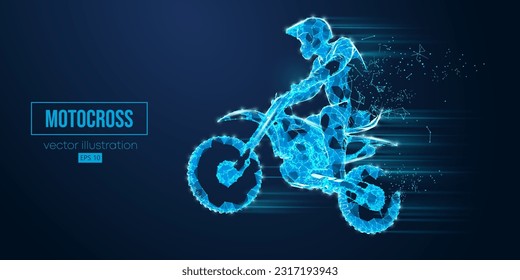 Silueta de armazón sintético de un motociclista de triángulos y partículas sobre fondo azul, el hombre está haciendo un truco, aislado. Transporte deportivo de moto Enduro. Ilustración del vector
