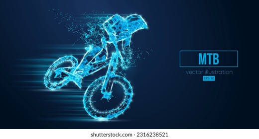 Abstract wireframe silhouette of a mtb rider from triangles and particles on blue background, man is doing a trick, isolated. Mountain cycling sport transport. Vector illustration