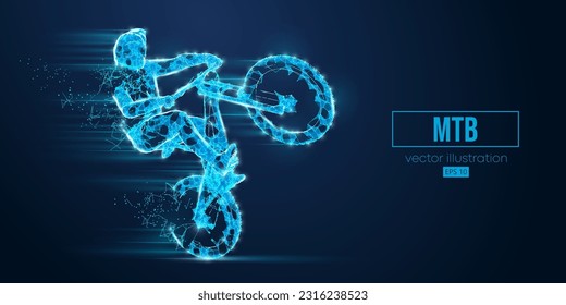 Abstract wireframe silhouette of a mtb rider from triangles and particles on blue background, man is doing a trick, isolated. Mountain cycling sport transport. Vector illustration