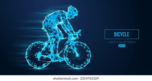 Abstract wireframe silhouette of a road bike racer from triangles and particles on blue background. Man is riding on sport bicycle isolated. Cycling sport transport. Vector illustration