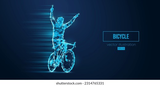 Abstract wireframe silhouette of a road bike racer from triangles and particles on blue background. Man is riding on sport bicycle isolated. Cycling sport transport. Vector illustration