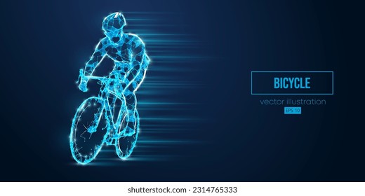 Abstract wireframe silhouette of a road bike racer from triangles and particles on blue background. Man is riding on sport bicycle isolated. Cycling sport transport. Vector illustration