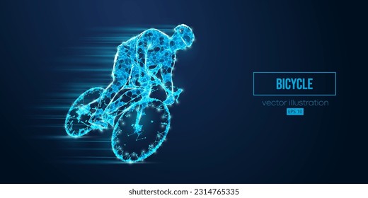 Abstract wireframe silhouette of a road bike racer from triangles and particles on blue background. Man is riding on sport bicycle isolated. Cycling sport transport. Vector illustration
