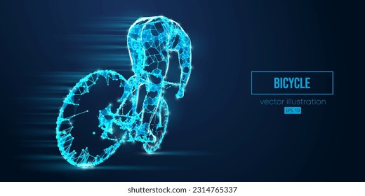 Abstract wireframe silhouette of a road bike racer from triangles and particles on blue background. Man is riding on sport bicycle isolated. Cycling sport transport. Vector illustration