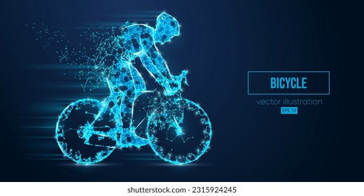 Silueta de armazón sintáctico de un corredor de ciclismo de carretera de triángulos y partículas sobre fondo azul. El hombre está en bicicleta deportiva aislado. Transporte deportivo en bicicleta. Ilustración del vector