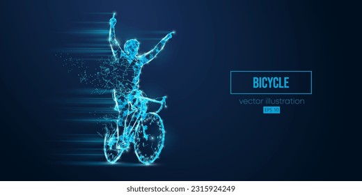 Abstract wireframe silhouette of a road bike racer from triangles and particles on blue background. Man is riding on sport bicycle isolated. Cycling sport transport. Vector illustration