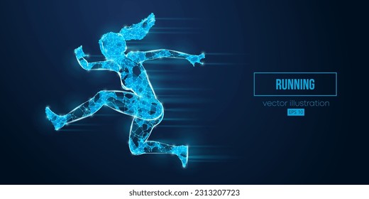 Abstract wireframe silhouette of a running athlete from triangles and particles on blue background. Runner woman are running sprint or marathon. Vector illustration