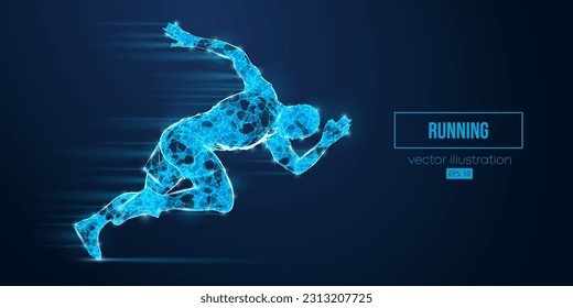 Abstrakte Wireframe-Silhouette eines Laufsportlers aus Dreiecken und Partikeln auf blauem Hintergrund. Läufer laufen Sprint oder Marathon. Vektorgrafik