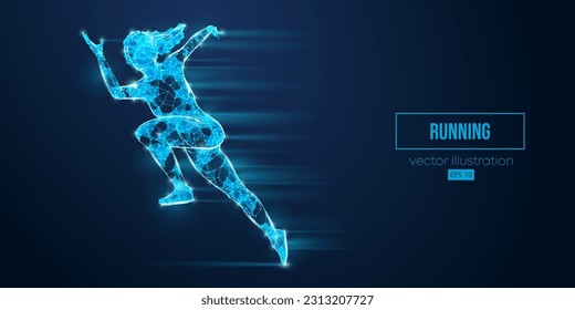 Abstract wireframe silhouette of a running athlete from triangles and particles on blue background. Runner woman are running sprint or marathon. Vector illustration