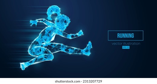 Abstrakte Wireframe-Silhouette eines Laufsportlers aus Dreiecken und Partikeln auf blauem Hintergrund. Die Runner laufen Sprint oder Marathon. Vektorgrafik