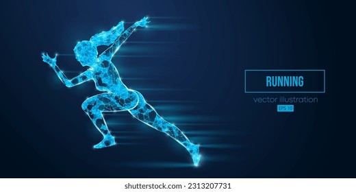 Abstrakte Wireframe-Silhouette eines Laufsportlers aus Dreiecken und Partikeln auf blauem Hintergrund. Die Runner laufen Sprint oder Marathon. Vektorgrafik