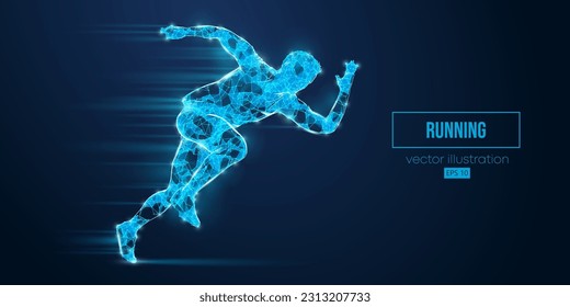 Abstract wireframe silhouette of a running athlete from triangles and particles on blue background. Runner man are running sprint or marathon. Vector illustration