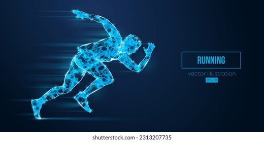 Abstract wireframe silhouette of a running athlete from triangles and particles on blue background. Runner man are running sprint or marathon. Vector illustration