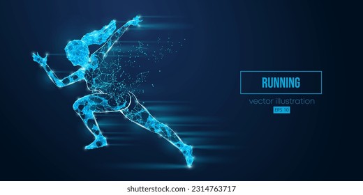 Abstract wireframe silhouette of a running athlete from triangles and particles on blue background. Runner woman are running sprint or marathon. Vector illustration