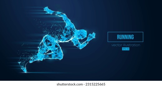 Abstract wireframe silhouette of a running athlete from triangles and particles on blue background. Runner man are running sprint or marathon. Vector illustration