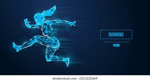 Abstrakte Wireframe-Silhouette eines Laufsportlers aus Dreiecken und Partikeln auf blauem Hintergrund. Die Runner laufen Sprint oder Marathon. Vektorgrafik