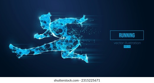 Abstract wireframe silhouette of a running athlete from triangles and particles on blue background. Runner man are running sprint or marathon. Vector illustration