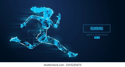 Abstract wireframe silhouette of a running athlete from triangles and particles on blue background. Runner woman are running sprint or marathon. Vector illustration