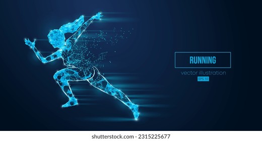 Abstrakte Wireframe-Silhouette eines Laufsportlers aus Dreiecken und Partikeln auf blauem Hintergrund. Die Runner laufen Sprint oder Marathon. Vektorgrafik