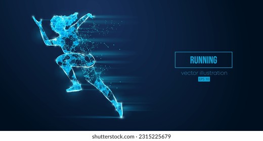 Abstract wireframe silhouette of a running athlete from triangles and particles on blue background. Runner woman are running sprint or marathon. Vector illustration