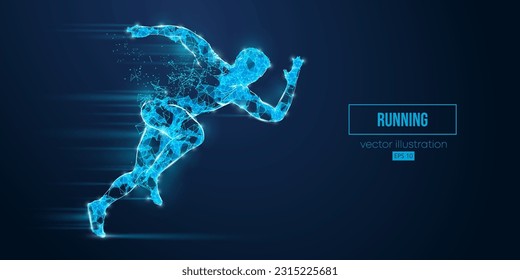 Abstrakte Wireframe-Silhouette eines Laufsportlers aus Dreiecken und Partikeln auf blauem Hintergrund. Läufer laufen Sprint oder Marathon. Vektorgrafik