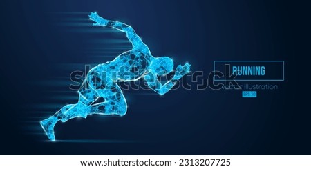 Abstract wireframe silhouette of a running athlete from triangles and particles on blue background. Runner man are running sprint or marathon. Vector illustration