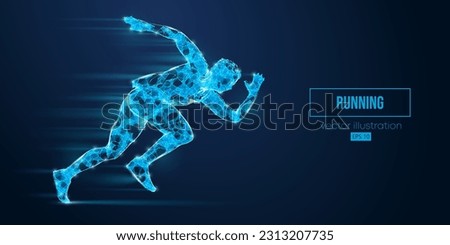 Abstract wireframe silhouette of a running athlete from triangles and particles on blue background. Runner man are running sprint or marathon. Vector illustration