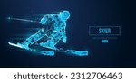 Abstract wireframe silhouette of a skier from triangles and particles on blue background. The skier man doing a trick. Carving. Vector illustration