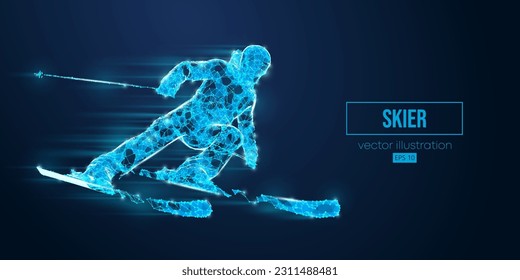 Abstract wireframe silhouette of a skier from triangles and particles on blue background. The skier man doing a trick. Carving. Vector illustration