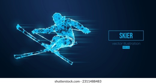 Abstract wireframe silhouette of a skier from triangles and particles on blue background. The skier man doing a trick. Carving. Vector illustration