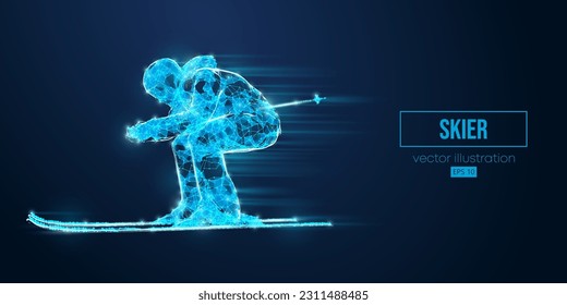 Abstract wireframe silhouette of a skier from triangles and particles on blue background. The skier man doing a trick. Carving. Vector illustration