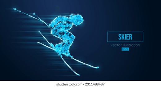 Abstract wireframe silhouette of a skier from triangles and particles on blue background. The skier man doing a trick. Carving. Vector illustration