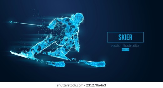 Abstract wireframe silhouette of a skier from triangles and particles on blue background. The skier man doing a trick. Carving. Vector illustration