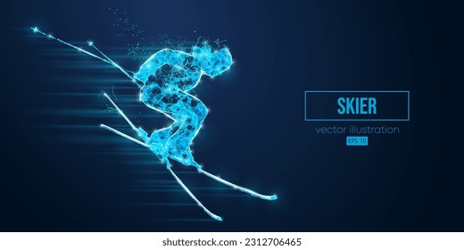 Abstract wireframe silhouette of a skier from triangles and particles on blue background. The skier man doing a trick. Carving. Vector illustration