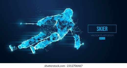 Abstract wireframe silhouette of a skier from triangles and particles on blue background. The skier man doing a trick. Carving. Vector illustration