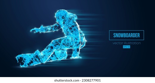 Abstract wireframe silhouette of a snowboarding from triangles and particles on blue background. The snowboarder man doing a trick. Carving. Vector illustration