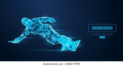 Abstract wireframe silhouette of a snowboarding from triangles and particles on blue background. The snowboarder man doing a trick. Carving. Vector illustration