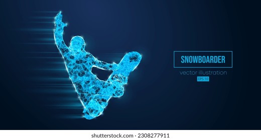 Silueta de armazón abstracto de un snowboard de triángulos y partículas sobre fondo azul. El hombre de snowboard haciendo un truco. Carrera. Ilustración del vector