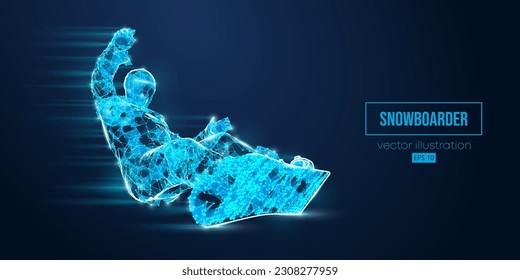 Silueta de armazón abstracto de un snowboard de triángulos y partículas sobre fondo azul. El hombre de snowboard haciendo un truco. Carrera. Ilustración del vector