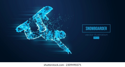 Abstract wireframe silhouette of a snowboarding from triangles and particles on blue background. The snowboarder man doing a trick. Carving. Vector illustration
