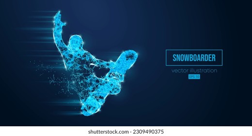 Abstract wireframe silhouette of a snowboarding from triangles and particles on blue background. The snowboarder man doing a trick. Carving. Vector illustration