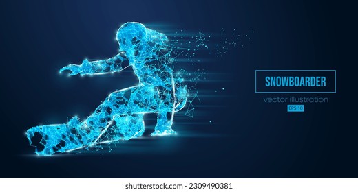 Abstract wireframe silhouette of a snowboarding from triangles and particles on blue background. The snowboarder man doing a trick. Carving. Vector illustration