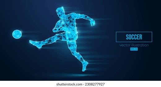 Abstract wireframe silhouette of a soccer, football player from triangles and particles on blue background. Soccer player man hits the ball. Vector illustration