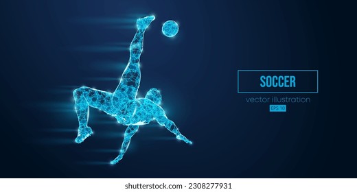 Abstract wireframe silhouette of a soccer, football player from triangles and particles on blue background. Soccer player man hits the ball. Vector illustration