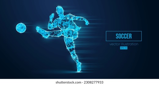 Abstract wireframe silhouette of a soccer, football player from triangles and particles on blue background. Soccer player man hits the ball. Vector illustration