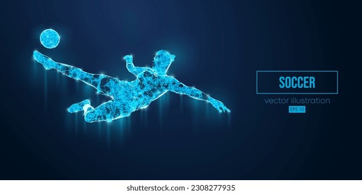 Abstract wireframe silhouette of a soccer, football player from triangles and particles on blue background. Soccer player man hits the ball. Vector illustration