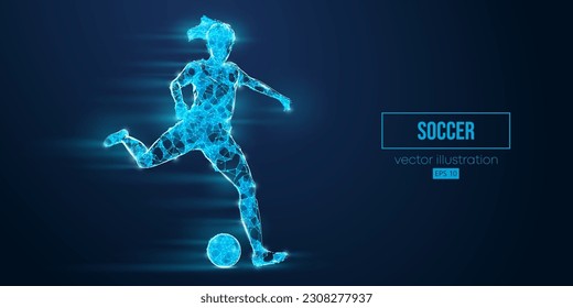 Abstract wireframe silhouette of a soccer, football player from triangles and particles on blue background. Soccer player man hits the ball. Vector illustration