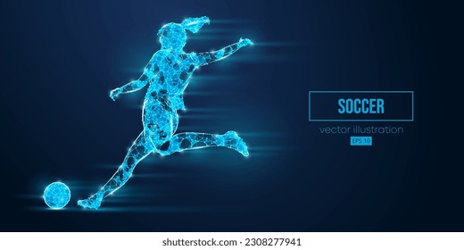 Abstract wireframe silhouette of a soccer, football player from triangles and particles on blue background. Soccer player man hits the ball. Vector illustration