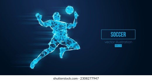 Abstract wireframe silhouette of a soccer, football player from triangles and particles on blue background. Soccer player man hits the ball. Vector illustration