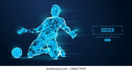 Abstract wireframe silhouette of a soccer, football player from triangles and particles on blue background. Soccer player man hits the ball. Vector illustration